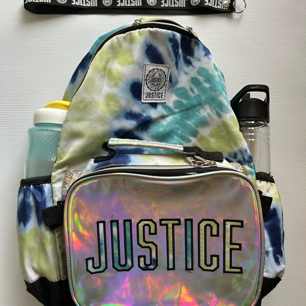 Justice Blue and Green Tie-Dye Backpack Lunch box key chain, 2 bottles